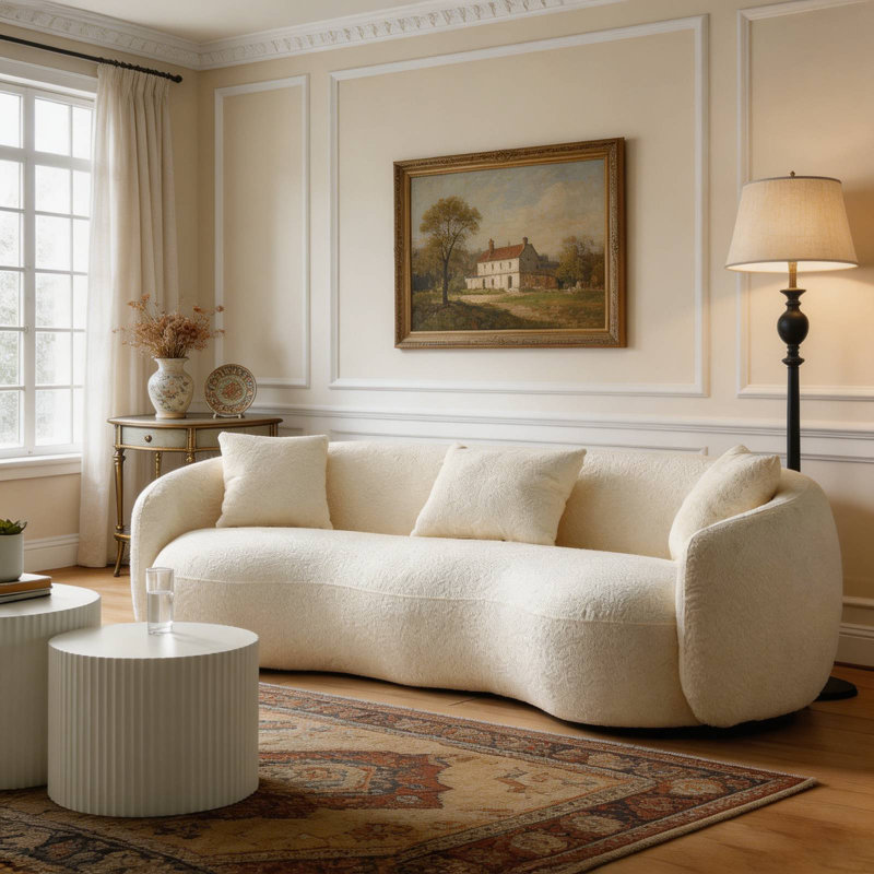 93.6" Teddy Boucle Fabric Curved Modern Sofa, 26.9" H x 93.6" W x 41.3" D, Beige  Boucle Fabric