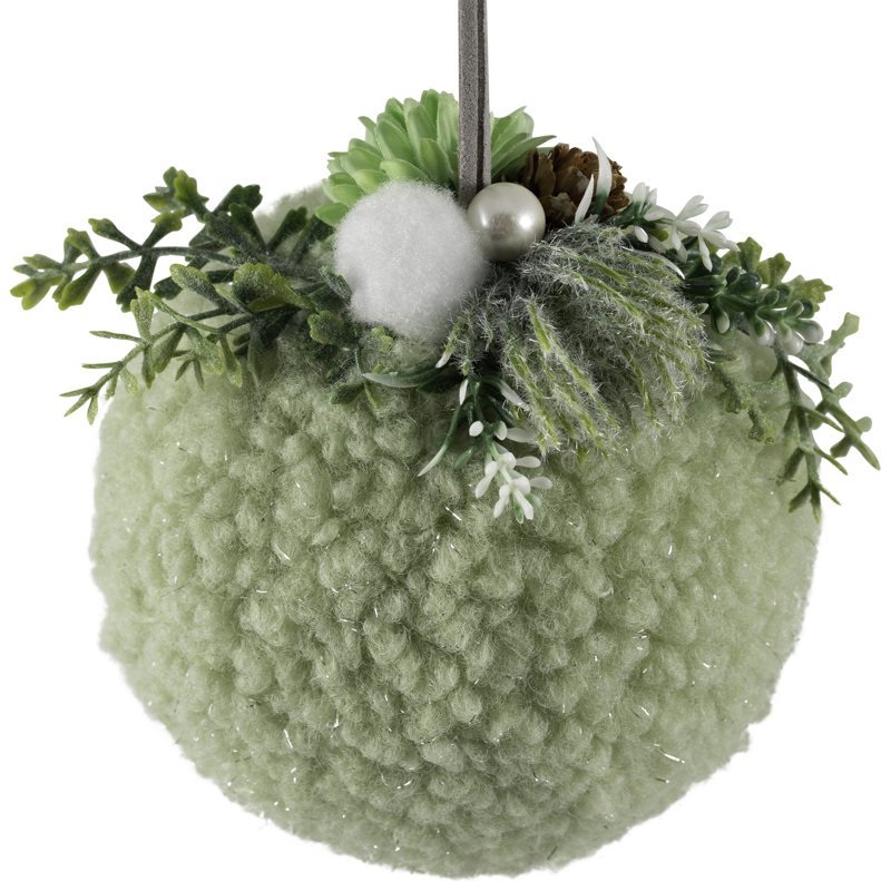 Plush Christmas Ball Ornament With Winter Foliage - 4" - Green