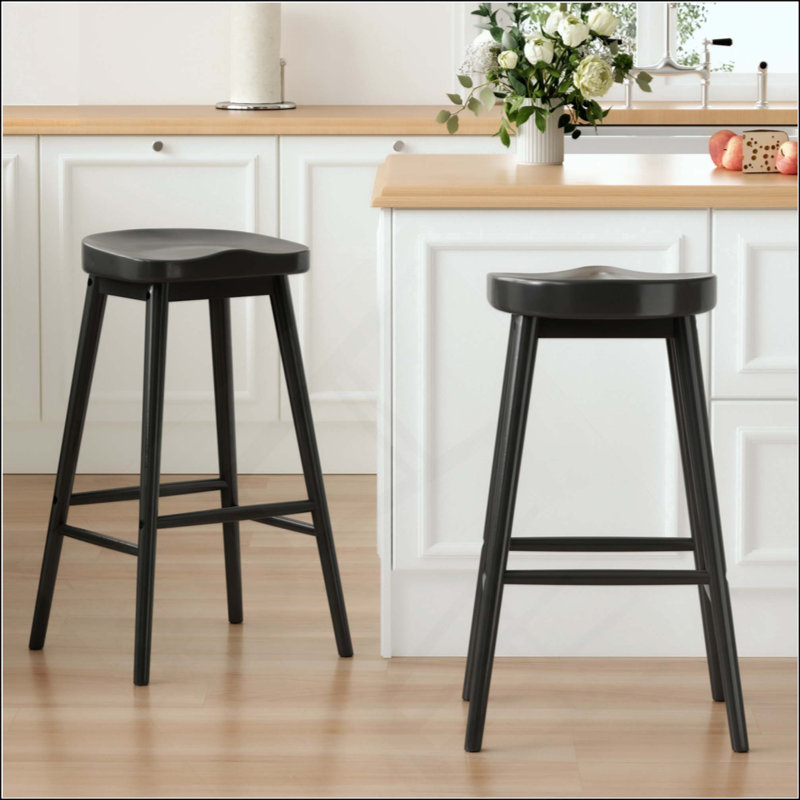 Tabourets de bar en bois massif, ensemble de 2 tabourets de comptoir à dossier en selle avec repose-pieds, chaises de bar rustiques de style Mid-Century pour îlot de cuisine et salle à manger