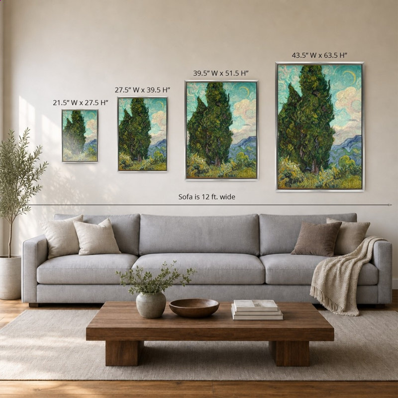 Cypress par Vincent Van Gogh - Impression sur toile, 27,5 po x 39,5 po / cadre biseauté / argent