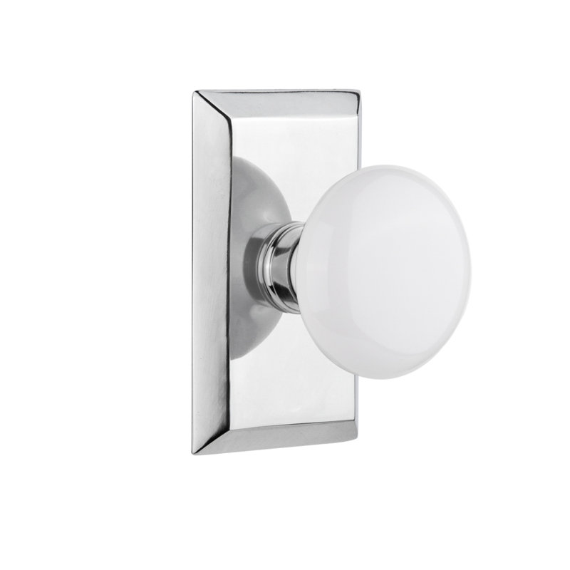 Studio Plate with White Porcelain Door Knob, Bright Chrome, 2-3/4”