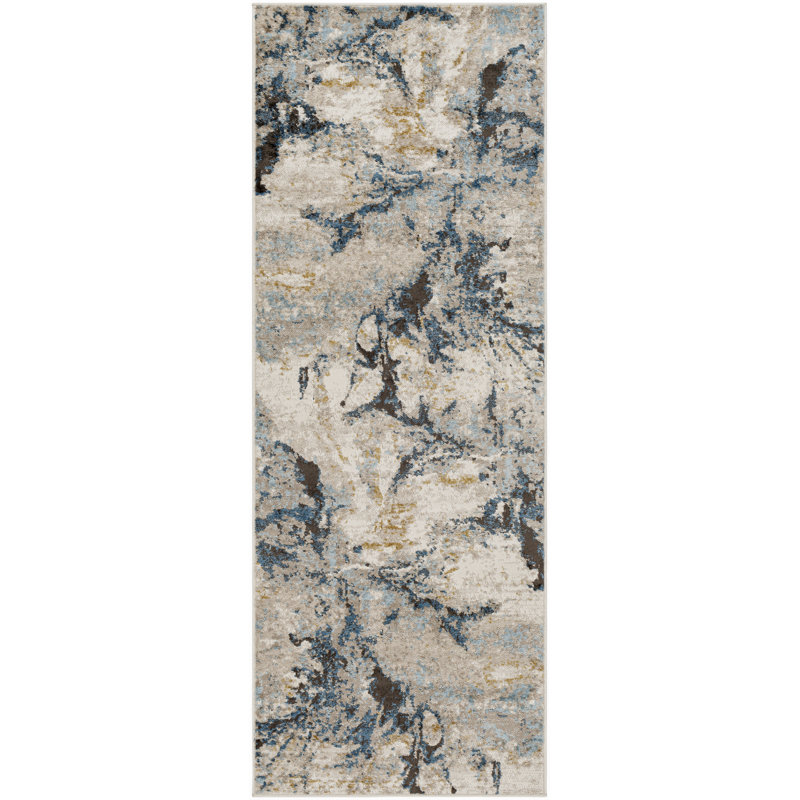 Tapis abstrait gris et denim Pertek Illona, Tapis de couloir 2 pi 7 po x 7 pi 3 po