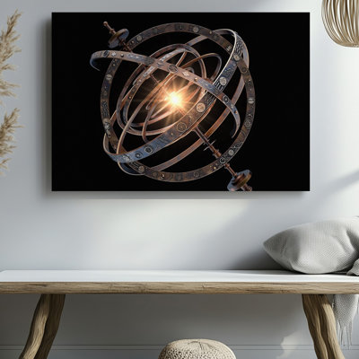 Canvas In A Dark Starless Void A Celestial Orrery Spins Gracefully Wall Art Its Multiple Metallic Rings Adorned With Intricate Canvas Wall Art