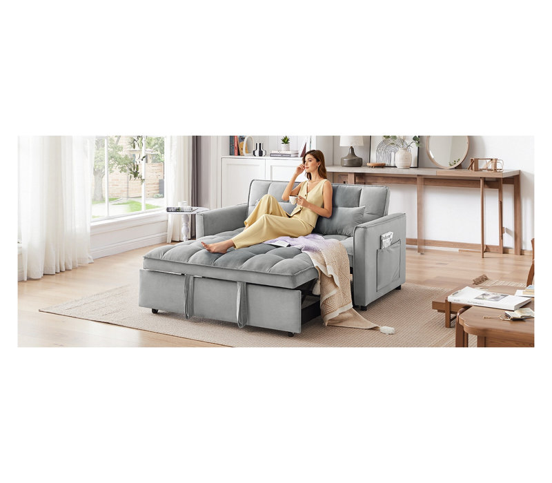 Canapé-lit moderne en velours de 55,1 pouces avec dossier réglable et rangement, futon gris clair pour les petits espaces