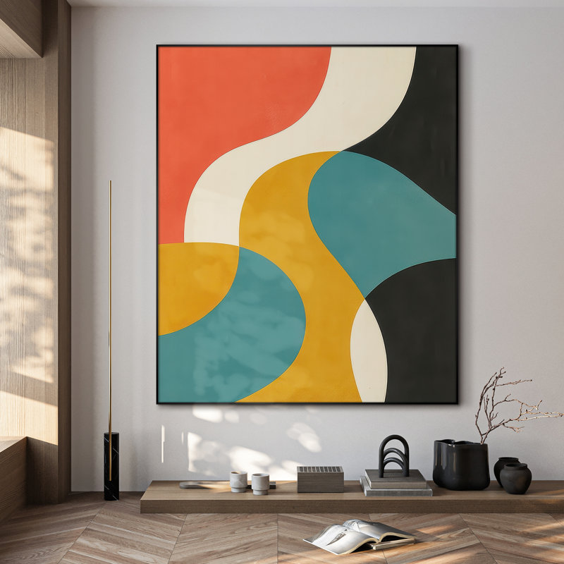 Très grande reproduction d'art sur toile - Motif géométrique incurvé rétro de couleur bleu sarcelle et moutarde pour le salon ou la chambre à coucher - «Assemblage requis du cadre (cadre non fini)»