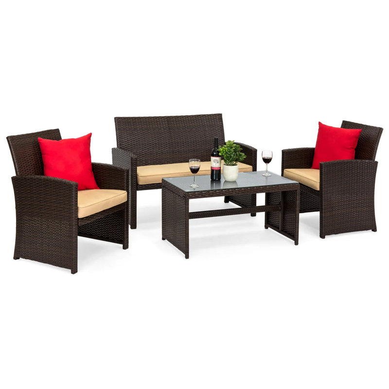 4-Piece Outdoor Wicker Patio Conversation Furniture Set w/ Table, Cushions, Beige/Brown