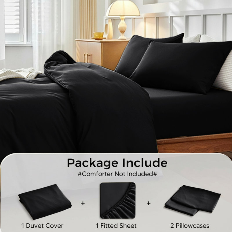 Microfiber 250 TC Reversible 4 piece Plain Duvet Cover Set with Pillowcases, Black