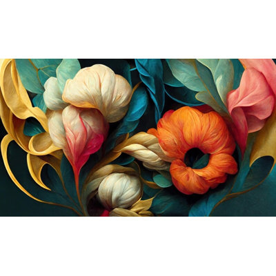 Bold Colorful Abstract Tropical Floral Wall Mural – Dramatic Orange Teal Oversized Sculptural Botanical Art