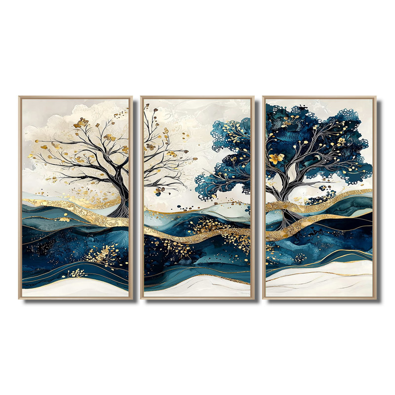«Blue and White Modern Blossom Tree IV», ensemble de reproduction d'art mural cerisier en fleurs, H 32 po x l 48 po x P 1 po