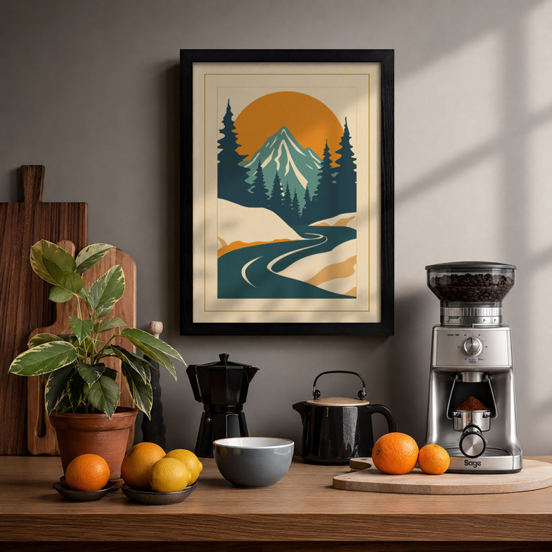 Mountains at Sunrise Retro - Framed Print, Black, A3 - 42.0 x 29.7 cm