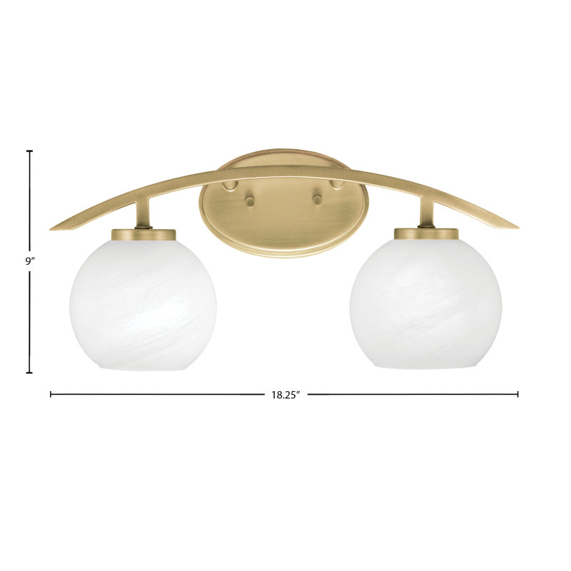 Barre d'éclairage de salle de bain 2 lumières kurve au fini laiton nouvel âge avec verre de marbre blanc de 5,75 po