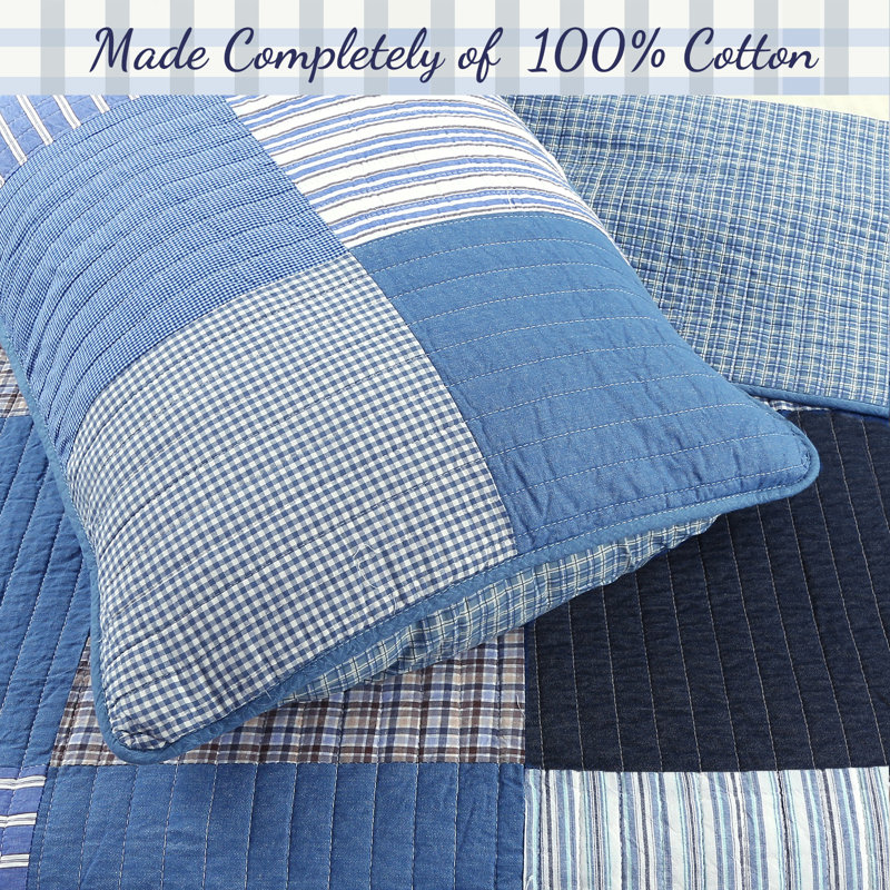 Blue Plaid Patchwork Cotton Twin Reversible Quilt Set