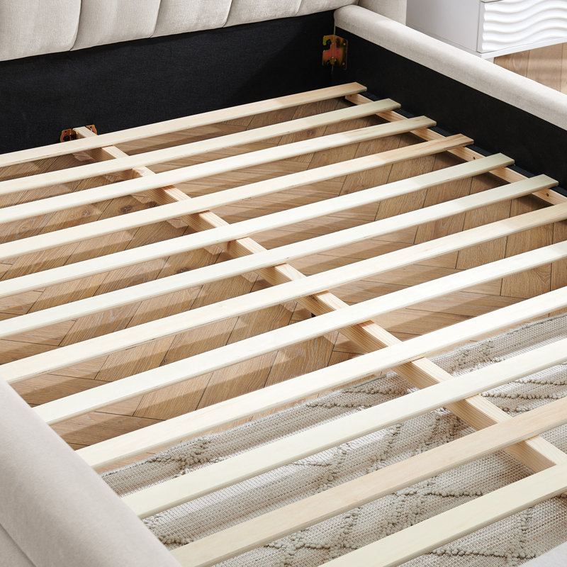 Upholstered Bed Frame with Thick Fabric, Beige