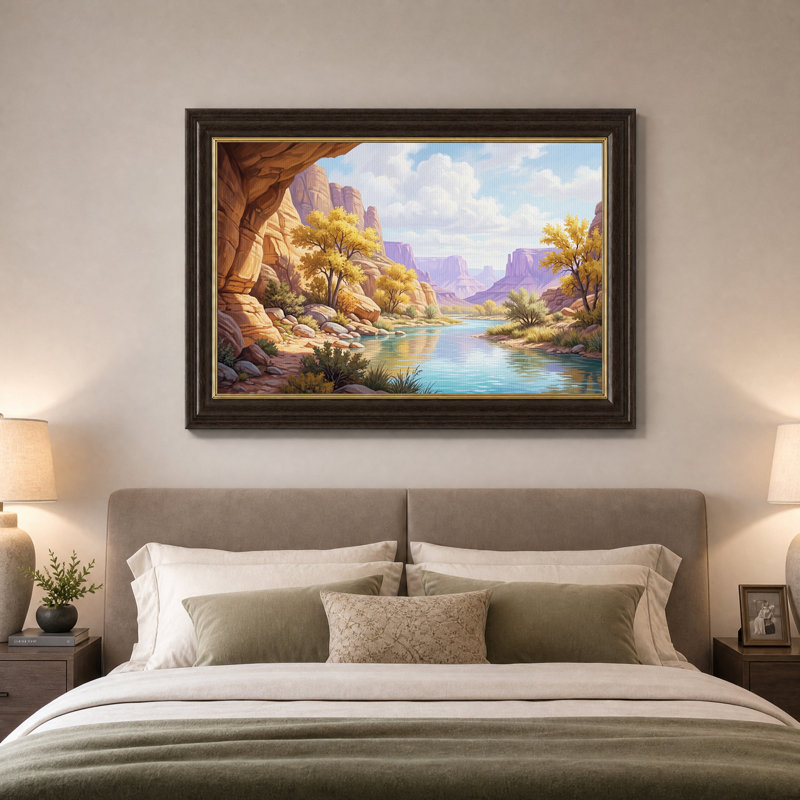 Tableau sur toile représentant une rivière du canyon rocheux avec des arbres jaunes, 16"H x 24"W