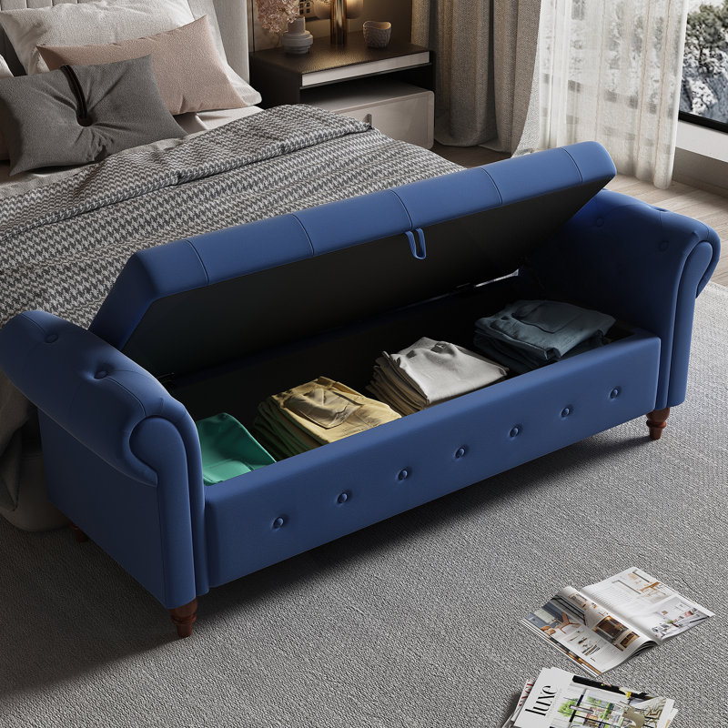 63" Bed Bench Tufted Fabric, Navy Blue Polyester