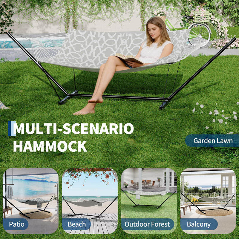 365cm 2 Person Freestanding Double Hammock with Stand, Light Grey Outdoor Hammock Equipped with Pillow & Balance Rope, 204kg Load Capacity for Patio Backyard Poolside