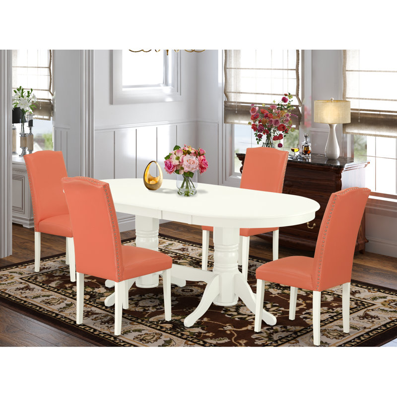 5-Piece Dinner Table Set Consists of a Dining Table and 4 Pink Flamingo PU Leather Padded Chairs with High Back - Linen White