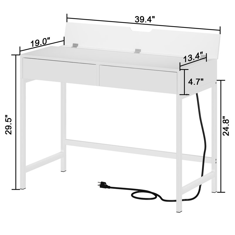 47.2" W White Computer Desk with USB Porting, 2 Drawers - Home Office & Bedroom, White, 29.7" H x 47.2" W x 18.9" D