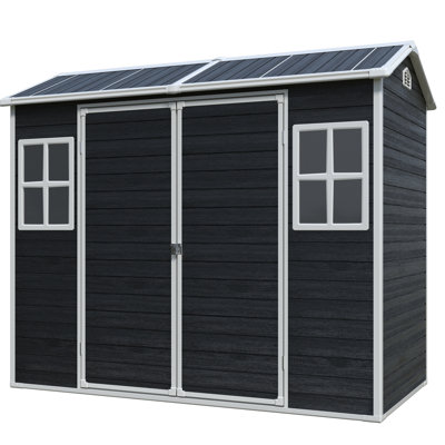 8 Ft X 4 Black Outdoor Storage Shed With Double Door And Two Windows, Plastic, Floor For Garden, Patio, Yard, Lawn, Pad - Lockable, Water , Natural Lighting, Fast Setup Entry, Lockable Resin Handles,