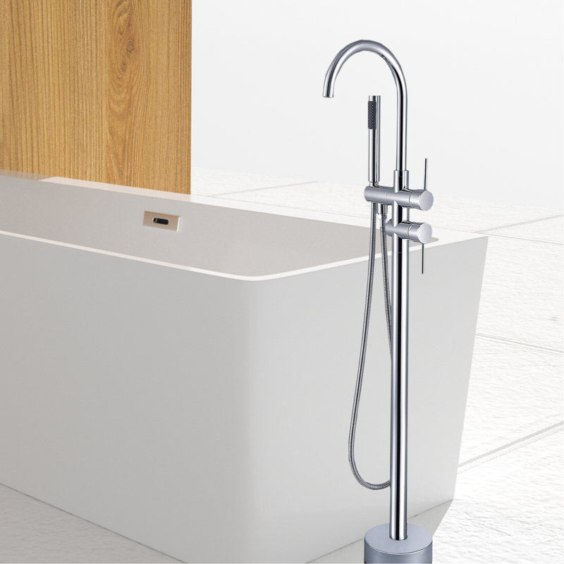 Chic Freestanding Tub Filler With Hand Shower - Metal Made, Finish, 6.36 In. X 46.22 In., Bathroom Decoration Option Faucet Build, , Deep, Enhancement Piece
