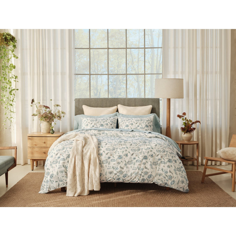 Viola Organic Print Duvet Cover, Queen Duvet Cover, Undyed W/Cerulean