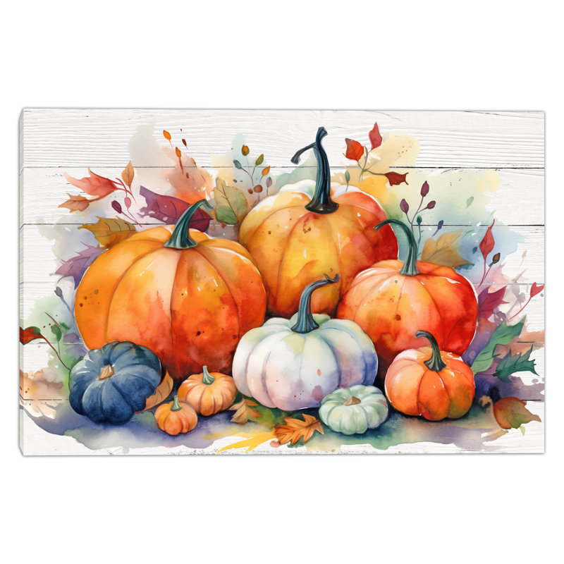 Aquarelle sur toile, citrouilles et feuilles d'automne, H 16 po x l 24 po