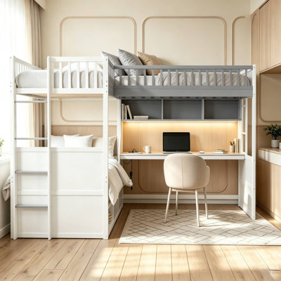 Lit superposé triple en forme de L avec bureau intégré, éclairage DEL, étagères de rangement, tiroirs et armoire, station de recharge secteur et USB