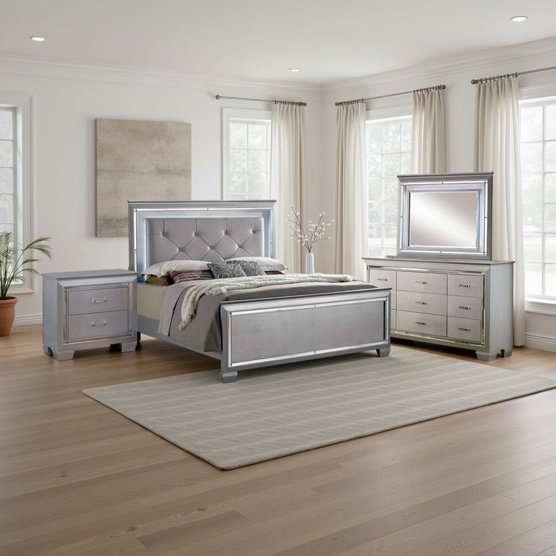 Ensemble de chambre avec grand lit 4 pièces Tily, panneaux gaufrés crocodile, DEL, argent, Grand lit