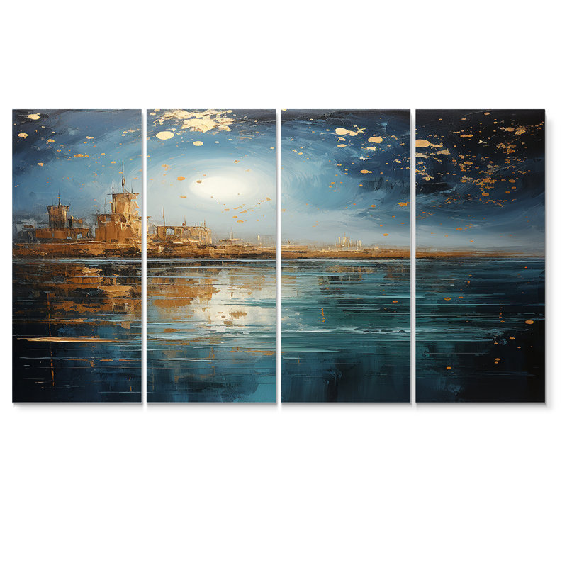 «Eastern Golden City Full Moon Ocean - Cityscape», art mural 4 pièces, H 28 po x l 48 po