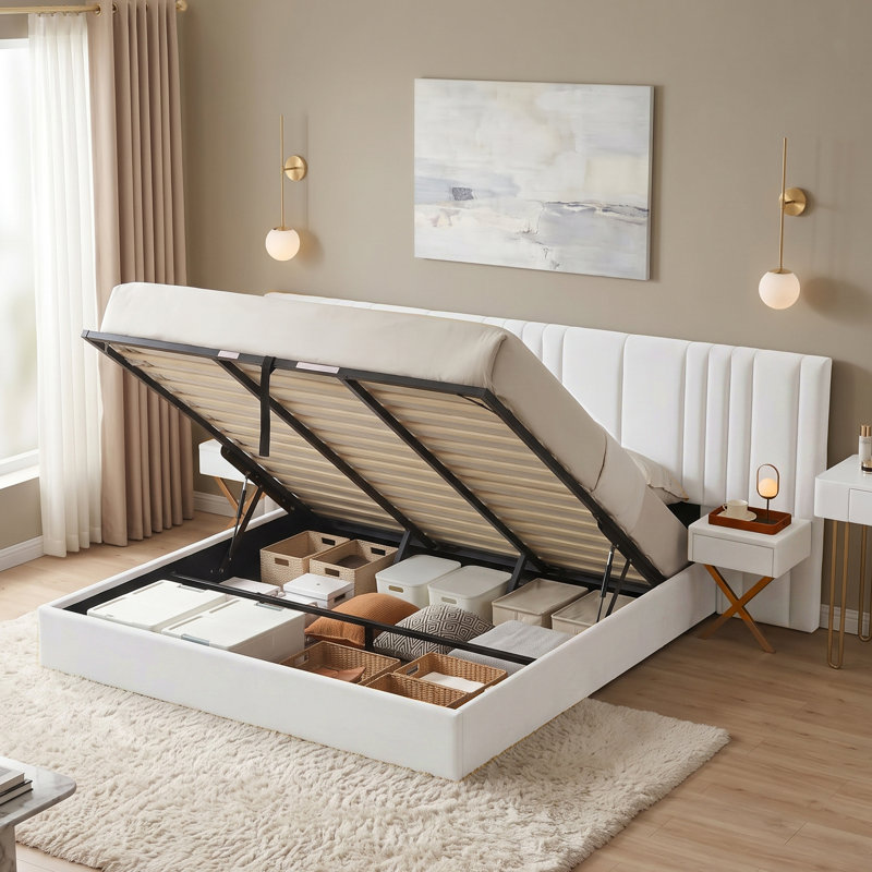 Lit plateforme de rangement capitonné en velours, style glamour contemporain, King, couleur crème, Très grand lit, Crème