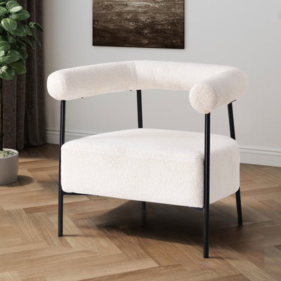 Chaise blanche confortable avec velours bouclé fin et fabrication en métal robuste - Accent d'ameublement en tissu chaud avec cadre noir robuste