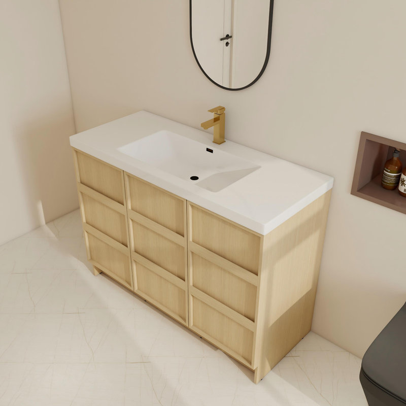 48" Single Free-Standing Bathroom Vanity Set With Resin Sink , Floorstanding Vanity With 3 Soft Close Doors And 2 Shelves