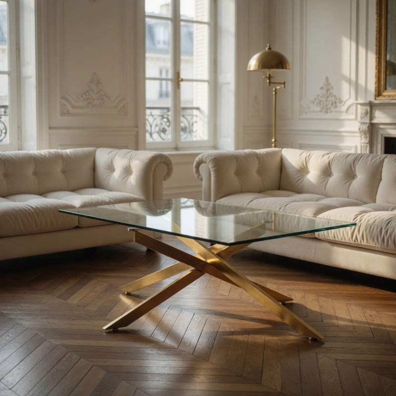 Table basse de 47,2 po rectangulaire en verre trempé transparent, design élégant avec pieds en métal doré, table basse de salon