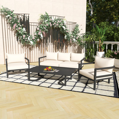 Multi-Person Outdoor Steel Sofa Set With Matching Coffee Table, Waterproof & Anti-Rust, UV-Resistant Cushions, Suitable For Garden, Lawn & Backyard