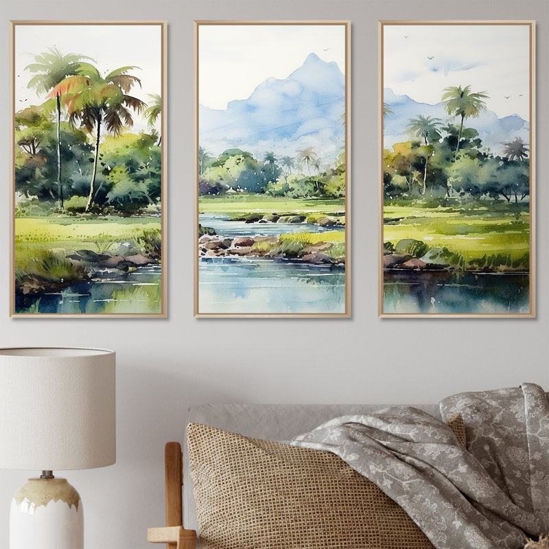 Paysage indonésien - Art mural Indonésie, H 28 po x l 36 po, Cadre flottant brun