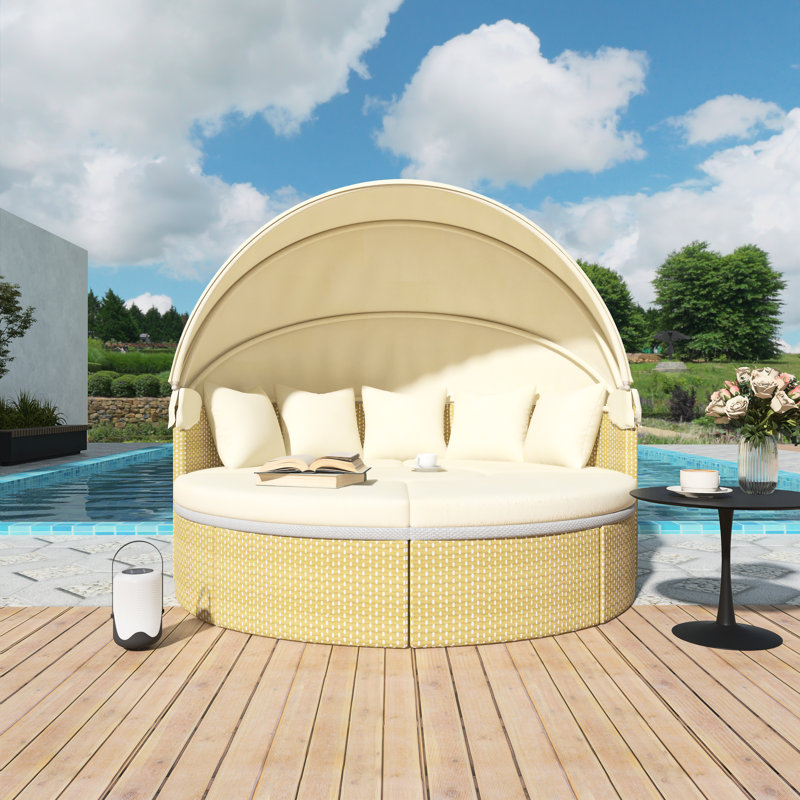 Ensemble de canapé modulaire d'extérieur rond en rotin pour deux personnes, Beige, jaune