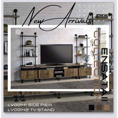 Rustic Oak and Black 2-Shelf TV Stand with Ample Storage, Perfect for Modern and Traditional Living Rooms.