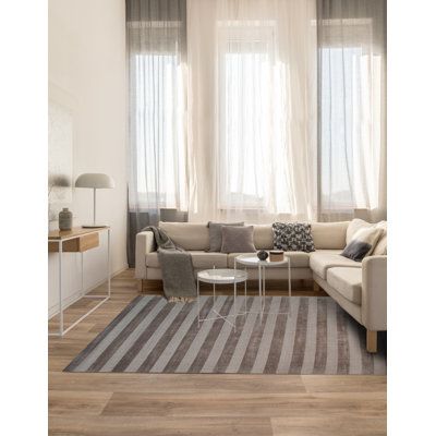Durable and Stylish Hand-Knotted Brown Striped Modern Contemporary Wool Rectangular Area Rugs