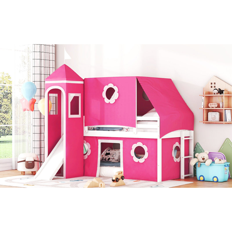 Lit simple mezzanine rose avec toboggan et tour - Bois massif, trois méthodes d'installation, pin de style Playhouse sur le thème du coin, pour rafraîchir la nuit