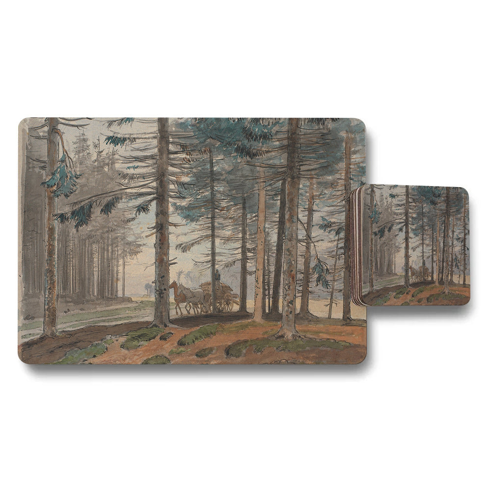 Forest Scene Placemats And Coaster Set With Horse Carriage Artwork