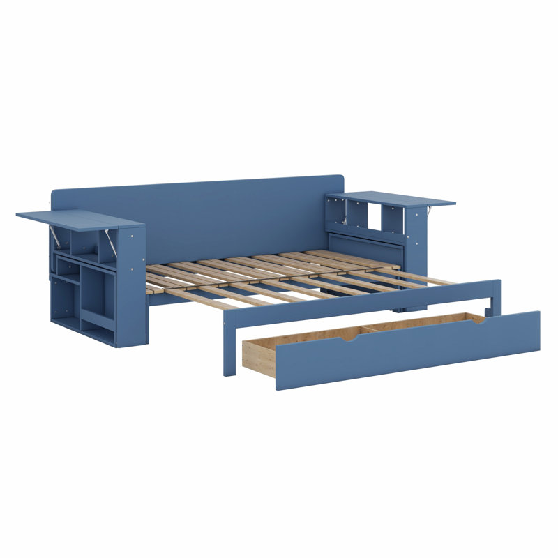 Lit de jour avec bureau amovible, tiroirs de rangement et table d'appoint hydraulique, Bleu, Grand lit