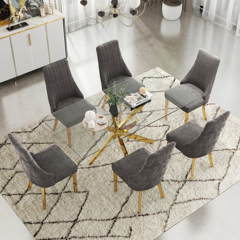 Ensemble de salle à manger moderne à piédestal rectangulaire en verre trempé avec fauteuil revêtu de chenille, Gris, Doré