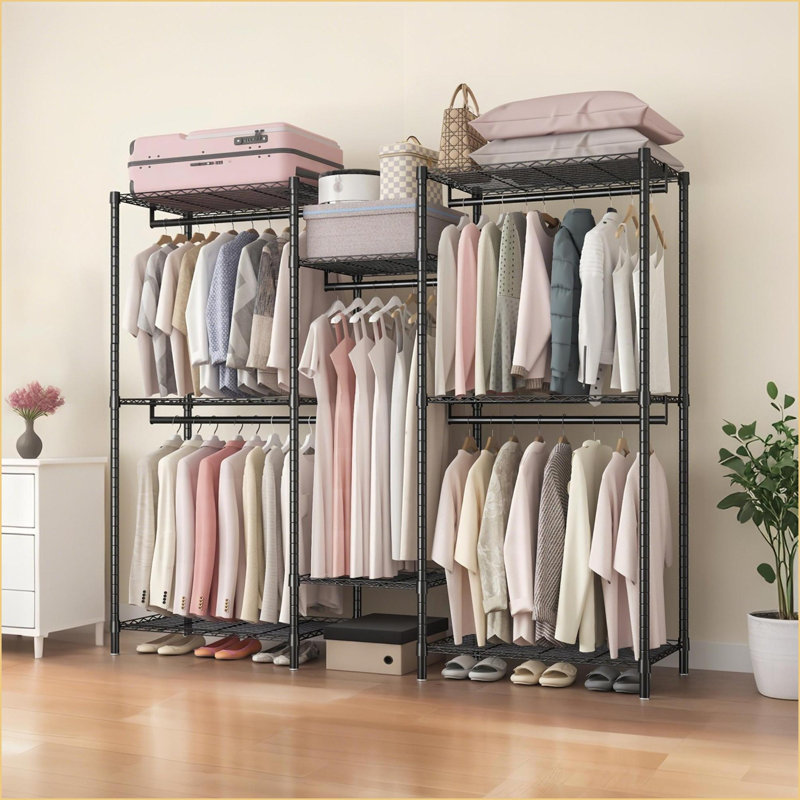 Support à vêtements robuste avec 8 tablettes réglables 5 tringles, organisateur de garde-robe autoportant | Noir | Métal