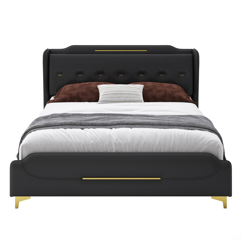Queen Size Bed Frame With Wingback Headboard & Footboard, Upholstered Platform Bed, Solid Wooden Slats Support, Easy Assembly