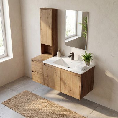 Meuble-lavabo flottant simple 42 po avec armoire supérieure, lavabo en céramique et conception sans poignée