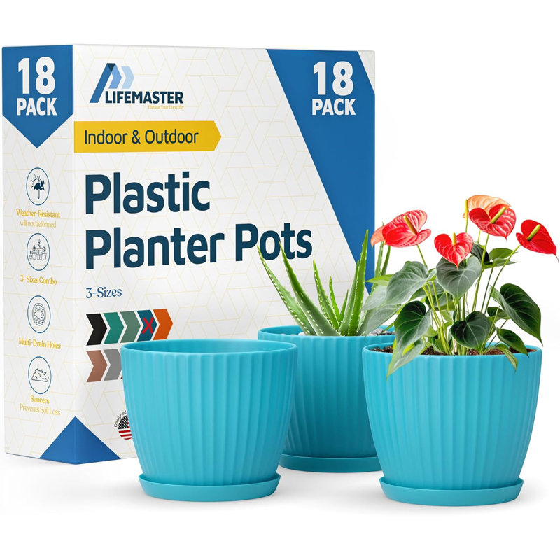Blue 6-Inch Plant Pots with Drainage & Saucers 18 Pack, Indoor & Outdoor Planters for Houseplants, Herbs, and Flowers, Durable & Weatherproof Material, Stackable, Lightweight, Minimalist Design