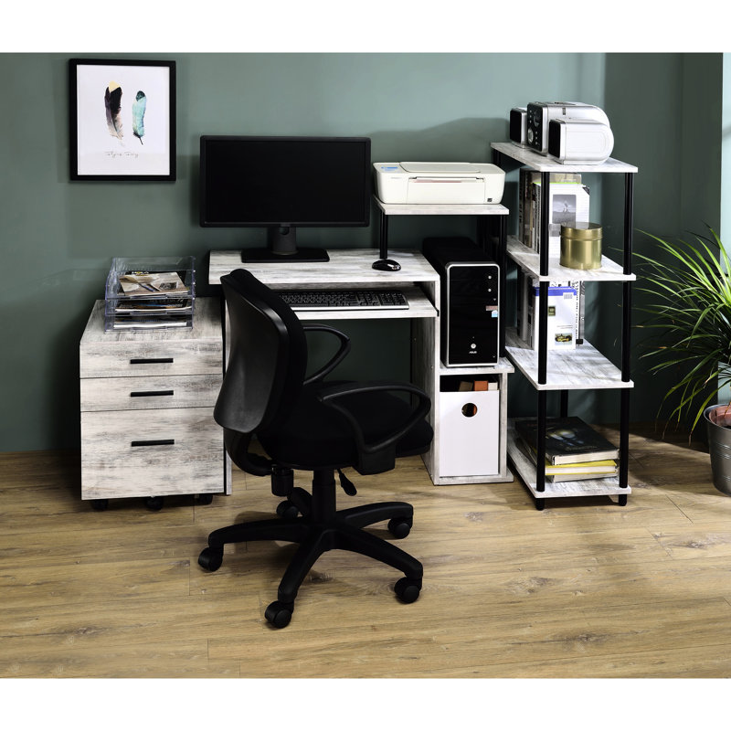 Bureau d'ordinateur Kd avec tablette et plateau pour clavier, style antique blanc et noir.