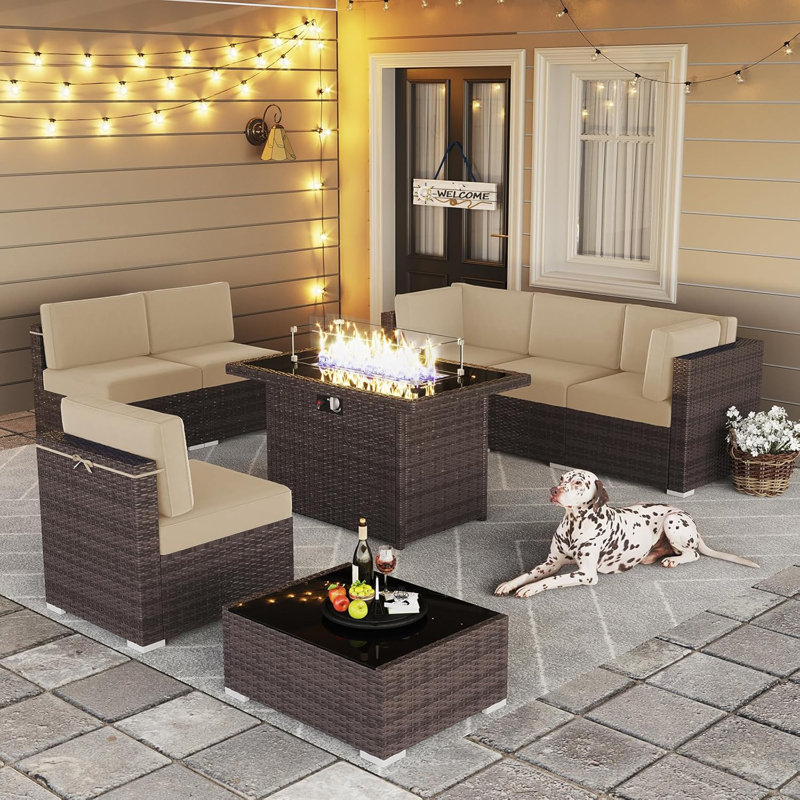  8 Piece Patio Furniture Set with 44" Propane Gas Fire Pit Table, Outdoor Sectional Conversation Set Wicker Rattan Sofa Set with Coffee Table