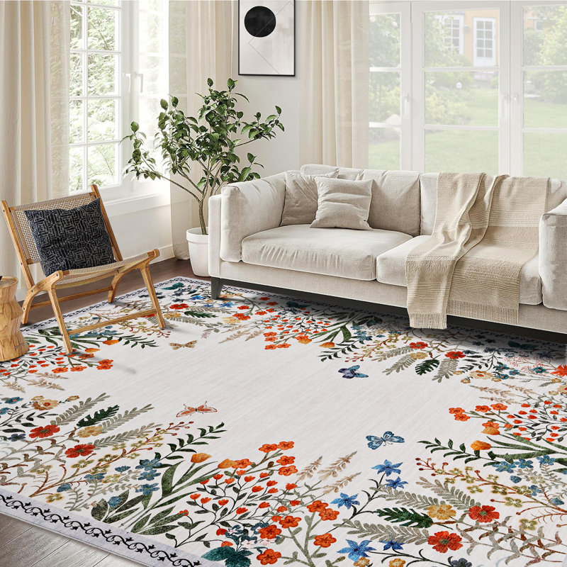 Boho 9x12 Washable Rugs for Entryway Floral Rugs for Bedroom, Beige Bathroom Rug Non Slip Washable, Soft Indoor Carpet Throw Carpet for Kitchen Laundry Living Room Foyer
