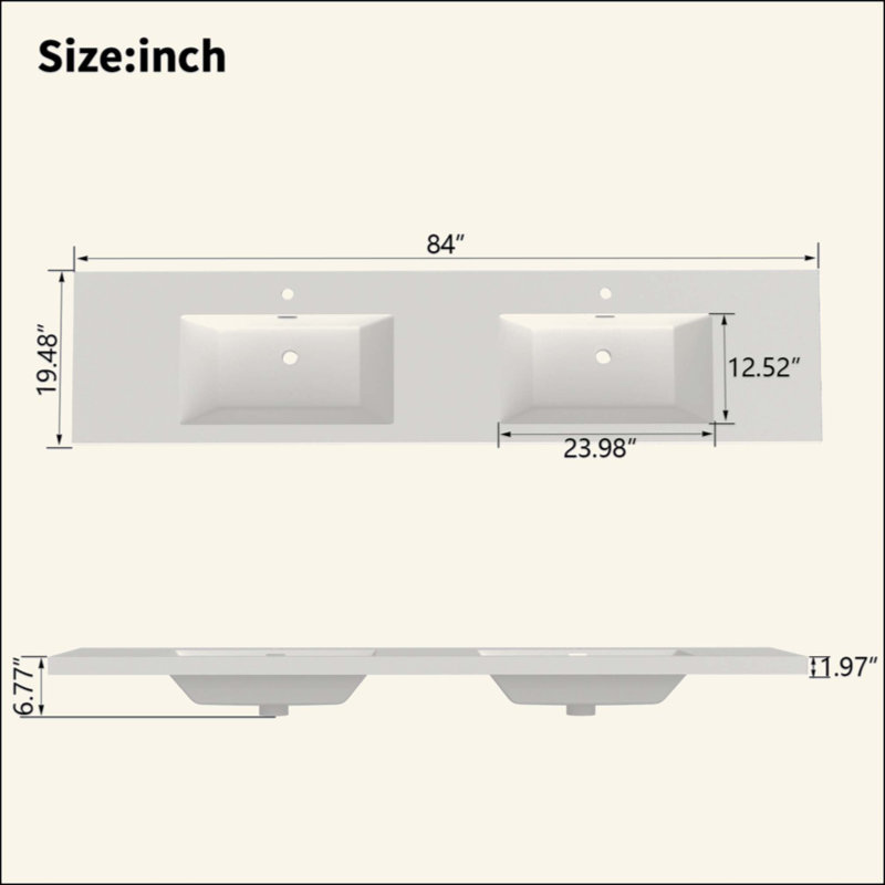 Lavabo en résine pour meuble-lavabo de salle de bain, avec deux lavabos rectangulaires encastrés, trou de robinet simple, comptoir de meuble-lavabo seulement